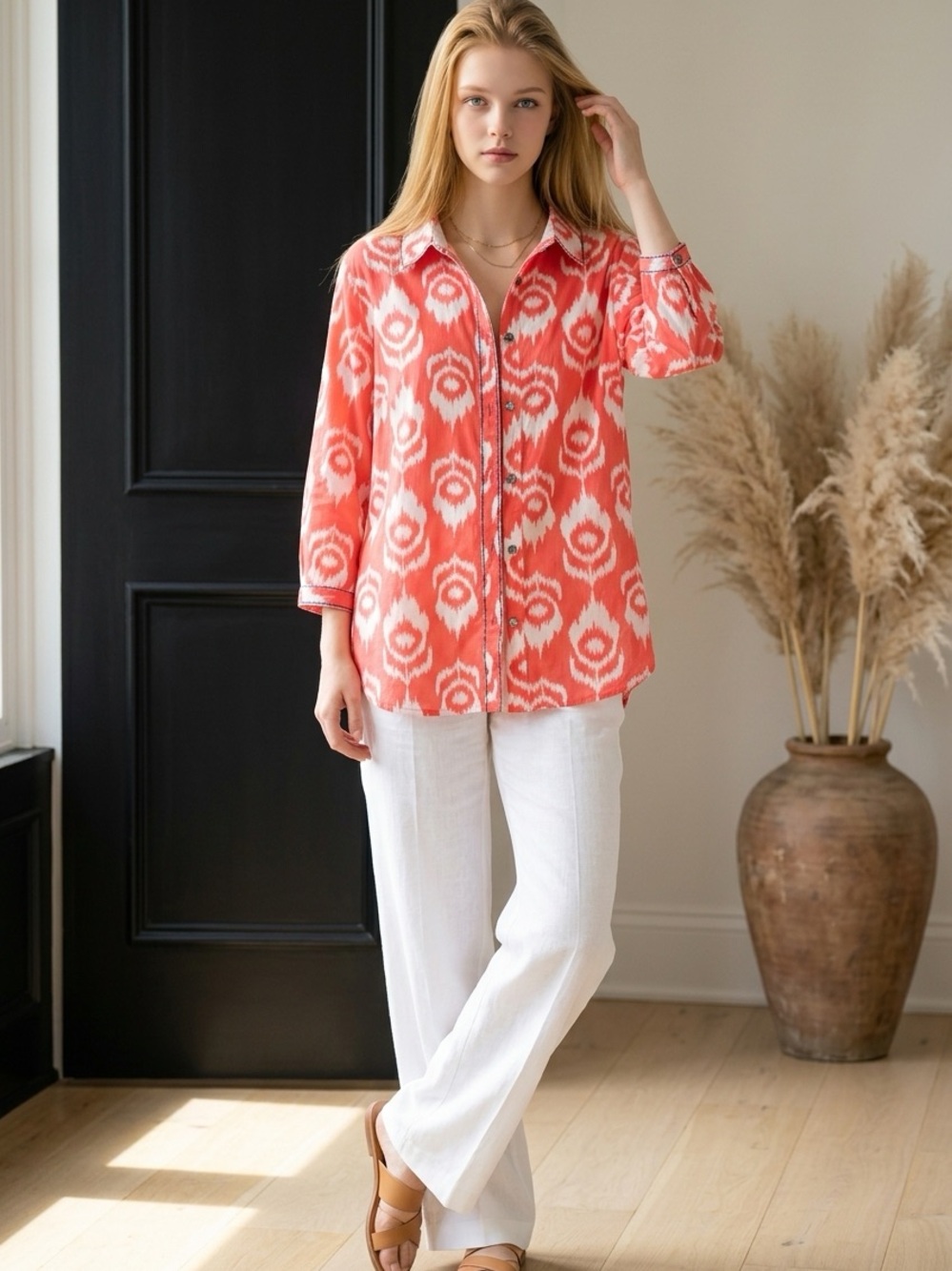 Soft Surroundings Coral and White Ikat Button-Down Shirt 3X